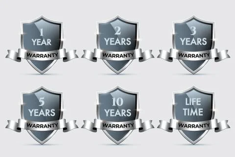 Glass shields with silver frames and ribbons with different warranty texts Illustrazione stock