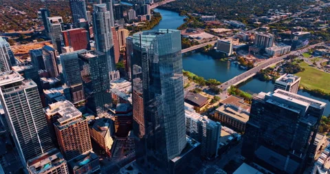 Glass skyscraper of unusual shape in the downtown of Houston, Texas, USA. Stock Footage 324865995