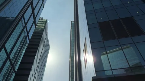 Glass Skyscrapers from Below. Worm Eye Cinematic View of Urban Architecture 스톡 동영상 342784639