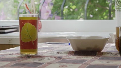 Glass with soda on the table in the summer kitchen Stock Footage 126288475