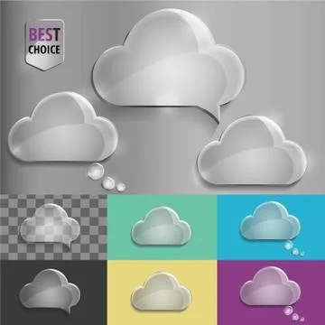 Glass speech bubble cloud icons with soft shadow on gradient background . Vector Stock Illustration