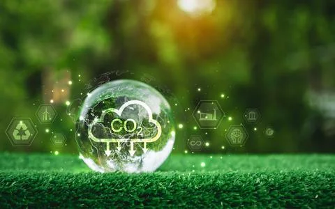 A glass sphere with a CO2 cloud on it, The sphere is surrounded by a green .. Stock Photos