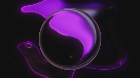 Glass sphere of liquid violet substance with glowing particles black Stockbeeldmateriaal 341353175
