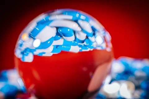 A glass sphere reflects a stack of blue and white capsules against. Stock Photos