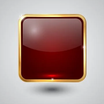 Glass square button with round corners and golden frame Stock Illustration
