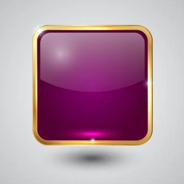 Glass square button with round corners and golden frame Stock Illustration