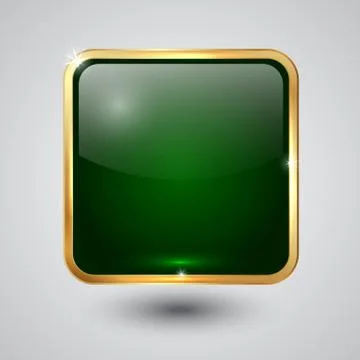 Glass square button with round corners and golden frame Stock Illustration
