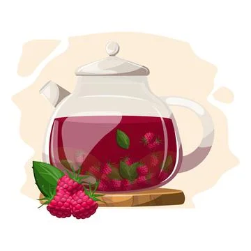 Glass teapot with raspberry tea. Raspberry tea. 스톡 일러스트