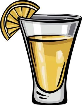 Glass of tequila with lemon stack of alcohol, freehand drawing vector Stock Illustration