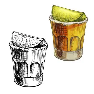 Glass tequila with slice lime. Vector vintage hatching Stock Illustration