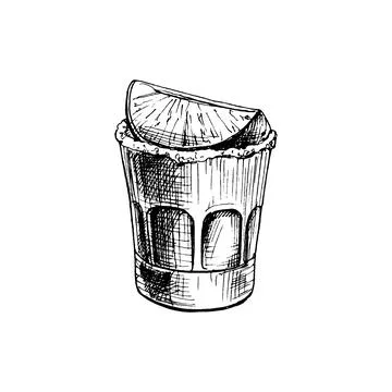 Glass tequila with slice lime. Vector vintage hatching Stock Illustration