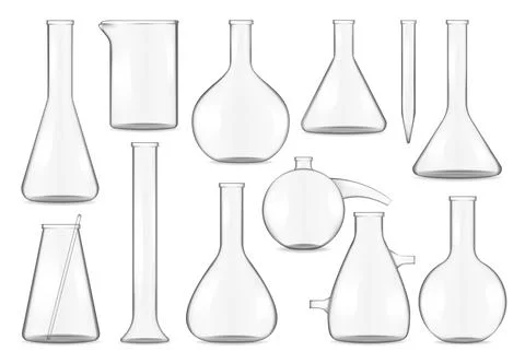 Glass test tubes, chemistry flasks and beakers set Stock Illustration