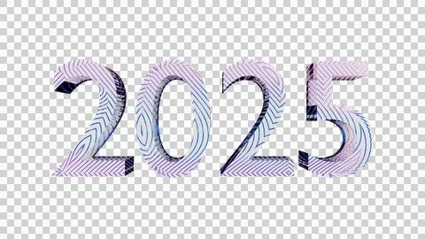 Glass text "2025" with smooth white, blue and purple curves passing through it Stock Illustration