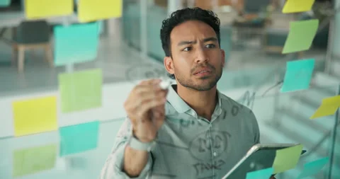Glass, thinking and man writing with tablet in office for brainstorming, mind Stock Footage 321399752