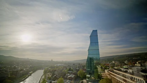 Glass Tower Above The Kura River In Tbilisi Video stock 346736734