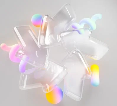 Glass transparent circle arrows 3d icon with holographic gradient shapes on gray Stock Illustration
