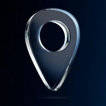 Glass transparent map pin icon, location point on dark background. GPS Illustrazione stock