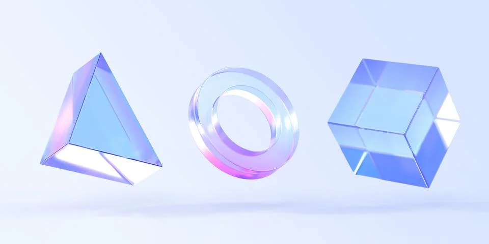 Glass triangle, ring and cube box, 3d render icons set. Abstract geometric Illustrazione stock
