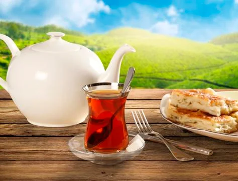 Glass of Turkish tea, natural background Stock Photos