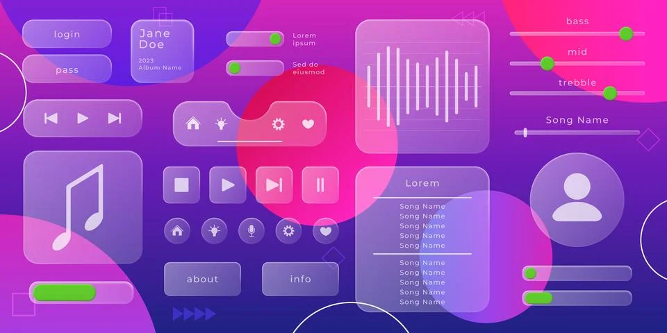 Glass UI frames. Liquid circle UX button. Music app. 3D screen flare with text Stock Illustration