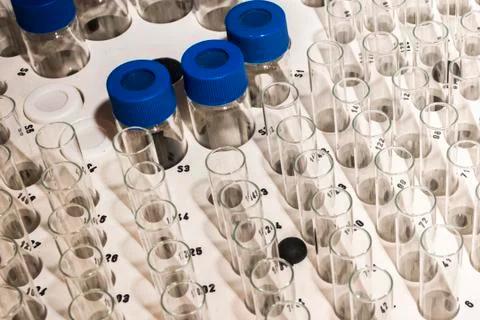Glass vials for liquid samples. Laboratory equipment for dispensing fluid sam Stock Photos