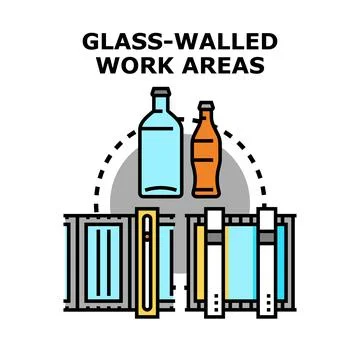 Glass walled work areas bottling production process 库存插图