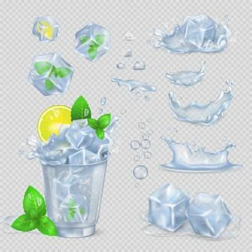 Glass with Water, Lemon Slice, Green Mint and Ice Stock-Illustration