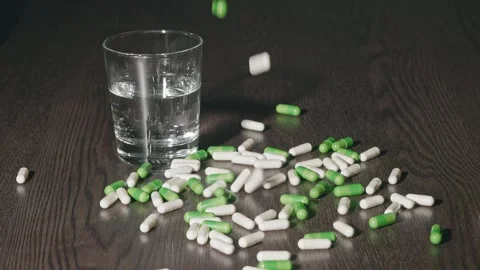 A glass of water sits on the table. Multicolored tablets are pouring. Stock Footage 270413451