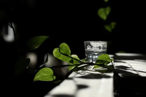 A glass of water on a white table with rays of the sun and with green leavs Stock Photos