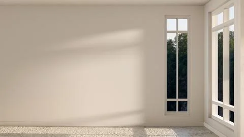 Glass window on empty white wall and marble stone floor of corridor or hall.. Stock Illustration
