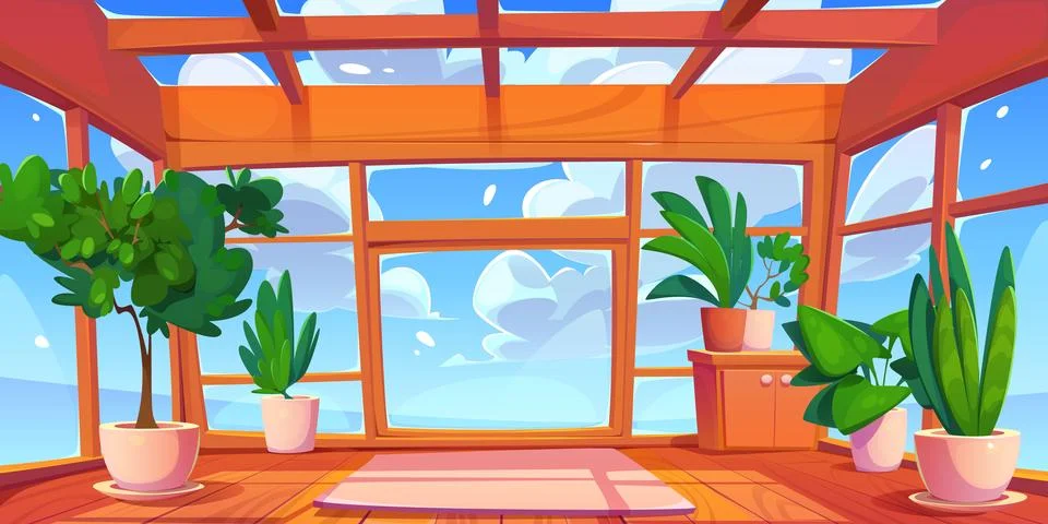 Glass window interior with sky view and wood floor Stock Illustration