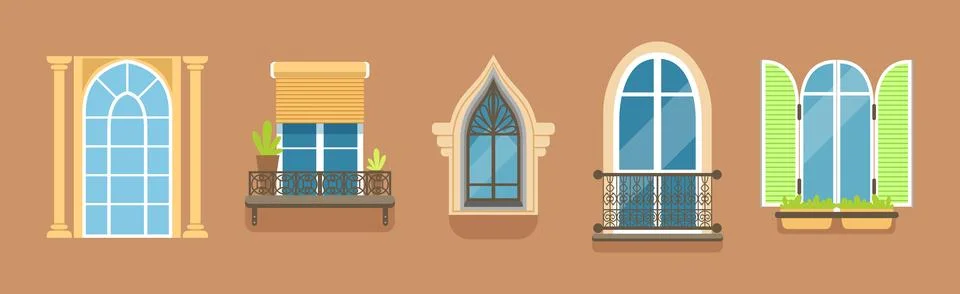Glass Window of Various Type as Architectural Outdoor Object Vector Set イラスト素材