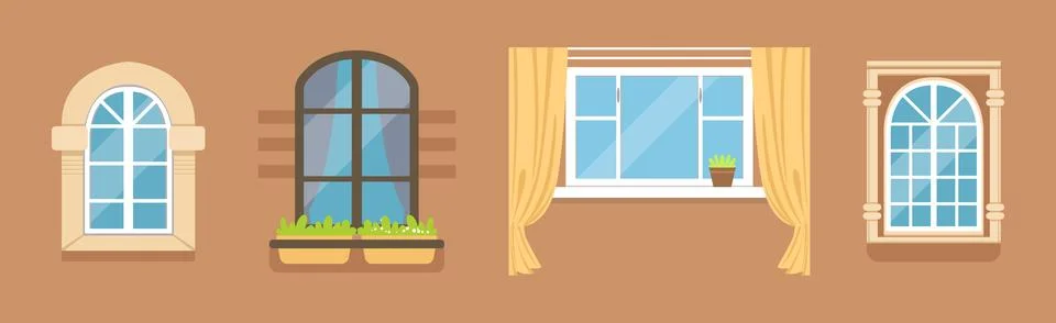 Glass Window of Various Type as Architectural Outdoor Object Vector Set Stock Illustration