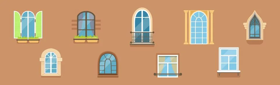Glass Window of Various Type as Architectural Outdoor Object Vector Set Stock Illustration