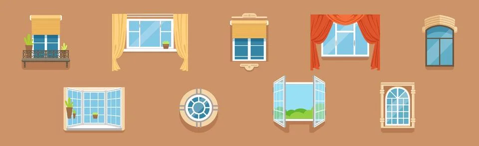 Glass Window of Various Type as Architectural Outdoor Object Vector Set イラスト素材