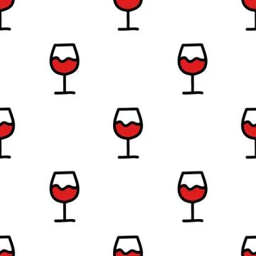 Glass of wine seamless doodle pattern, vector color illustration Stock Illustration