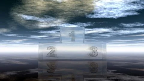 Glass winner podium under cloudy sky - 3d illustration Stock Illustration