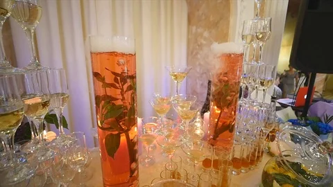 Glasses with alcohol and different drinks, glasses of wine and champagne are on Stock Footage 90361400