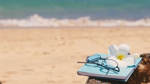Glasses and notebooks and plumeria flowers are placed on the beach plate Stock Footage
