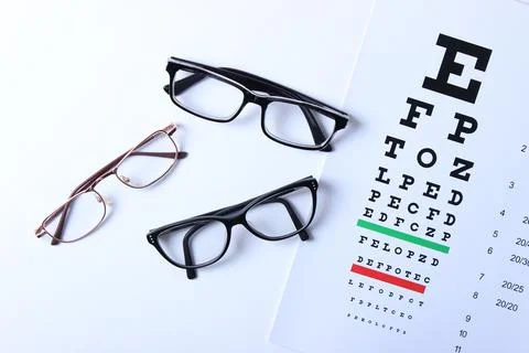 Glasses and a table for checking eyesight on a colored background top view. Stock-Fotos