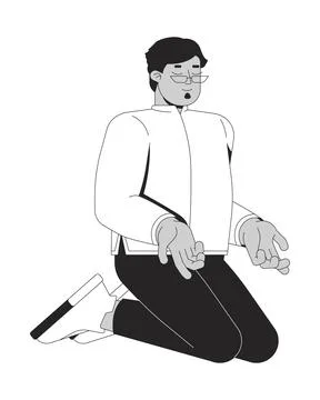Glasses arab man meditating in prayer 2D line character Stock Illustration