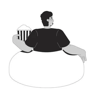 Glasses arab man relaxing on bean bag with popcorn bucket 2D line character Stock Illustration