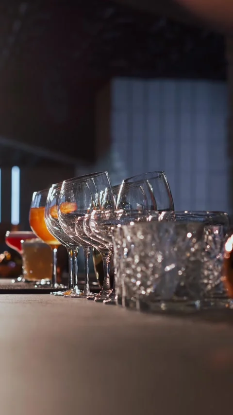 Glasses on the bar, close-up in real time. Stock Footage 270817142