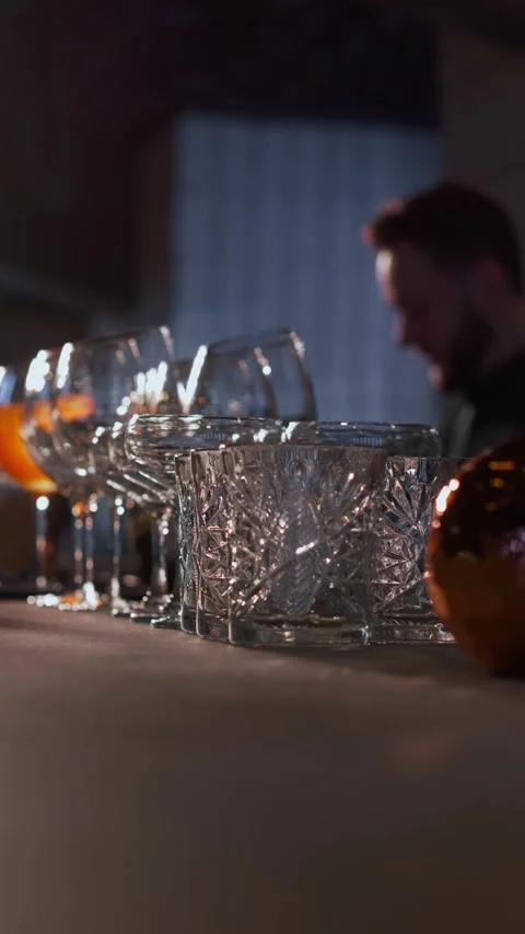 Glasses on the bar, close-up in real time. Stock Footage 270817143