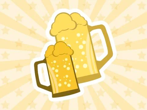 Glasses of beer sticker with rays. Beer Festival label. Typography design. Ve Stock Illustration