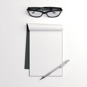 Glasses with blank notebook and pen. 3d rendering Stock Photos