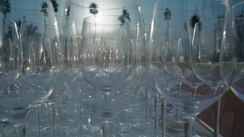 Glasses for champagne and wine. Dubai, BurjAlarab. Stock Footage