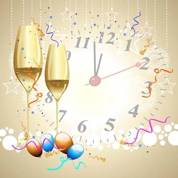 Glasses of champagne, balloons, with in background on a clock wallpaper. Stock Illustration