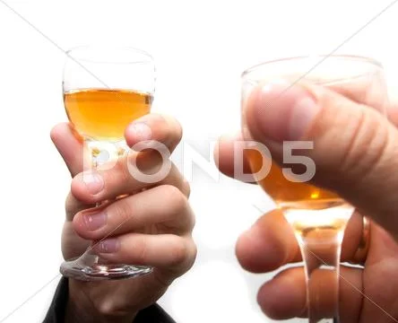 Glasses of champagne in the hands of business people on white background Stock Photos