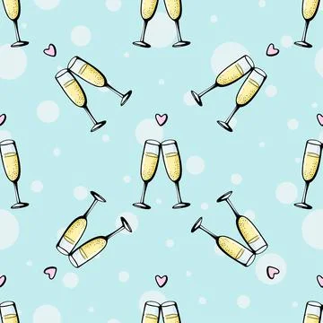Glasses of champagne seamless doodle pattern. Cheers vector illustration on blue Illustrazione stock